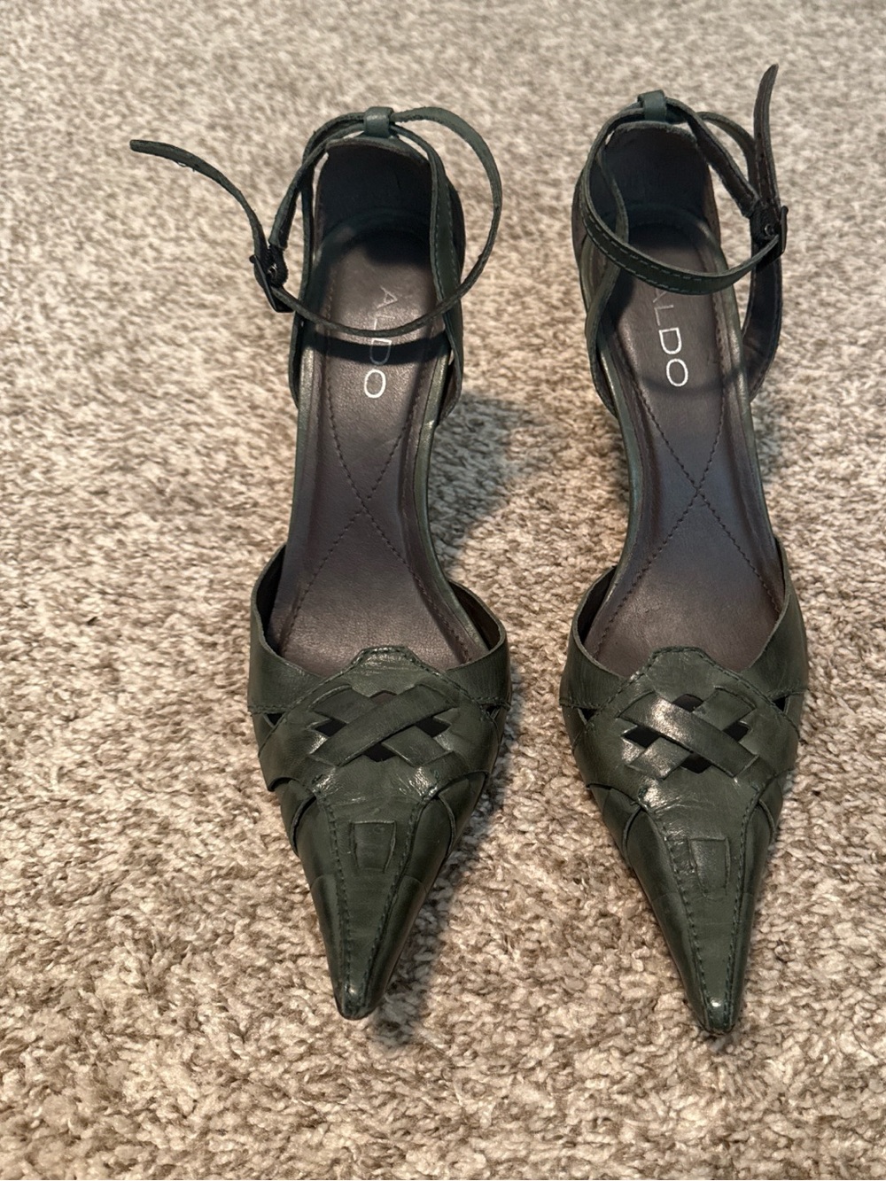 ALDO Dark Green Pointed Woven Ankle-Strap Heels